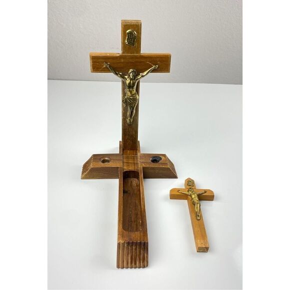 Wooden Cross Set w/ Sliding Lid & Candles Last Rites Sick Call Compartment 12" D - Picture 3 of 11